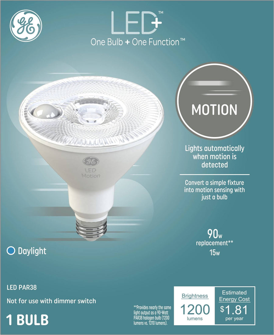 GE LED+ Motion LED Light Bulb, Daylight, PAR38 Outdoor Floodlight Motion Sensor, 15 Watts, 93130099