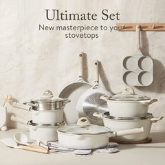 Non Stick Pots and Pans Set, 21 Pcs Induction Kitchen Cookware Sets (Beige Granite)