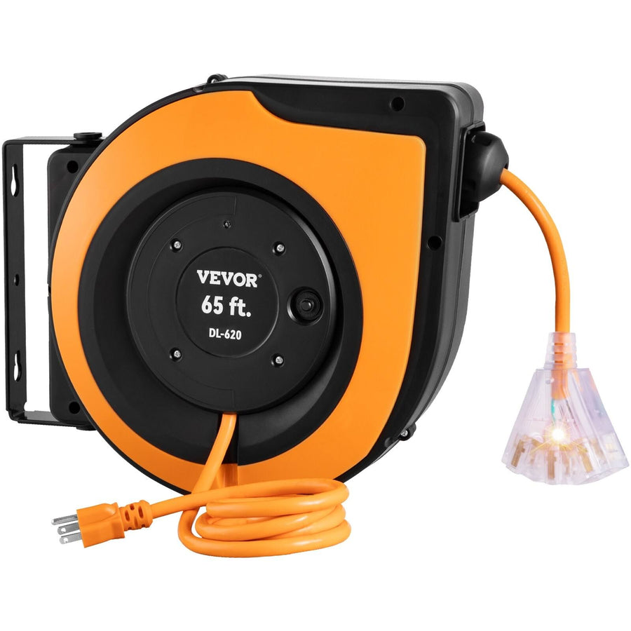 VEVOR Retractable Extension Cord Reel, 65 ft, Heavy Duty 12AWG/3C Sjtow Power Cord, with Lighted Triple Tap Outlet, 15 Amp Circuit Breaker, 180��